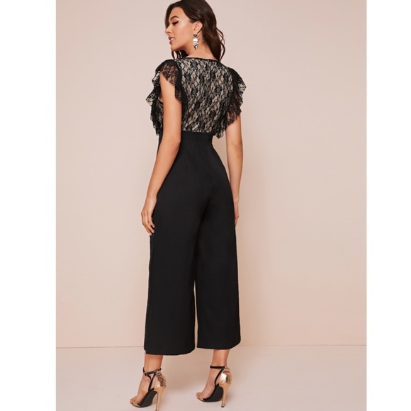 Lace Detail V-Neck Ruffle Trim Wide Leg Jumpsuit - Picture 5 of 8
